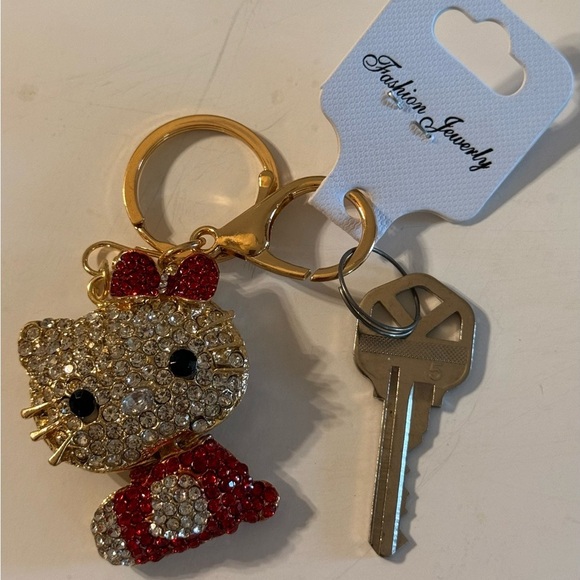 Sanrio Hello Kitty Keyring/Bag Charm Sparkling Rhinestones Golden Tone Red - Picture 4 of 8